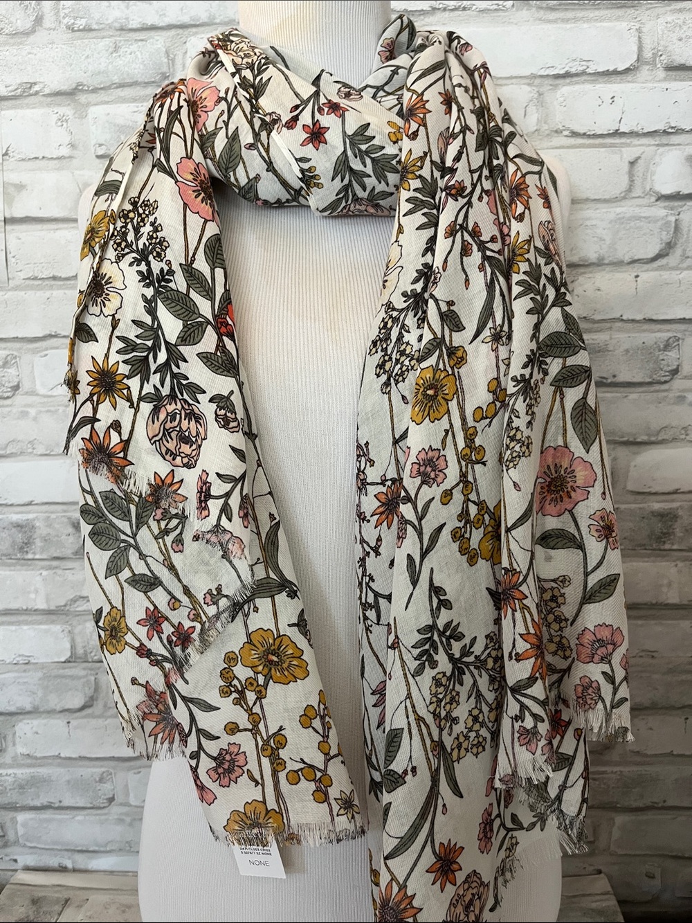 LOFT Cream Floral Wrap Scarf with Pink & Mustard Blooms 28 in by 72 in